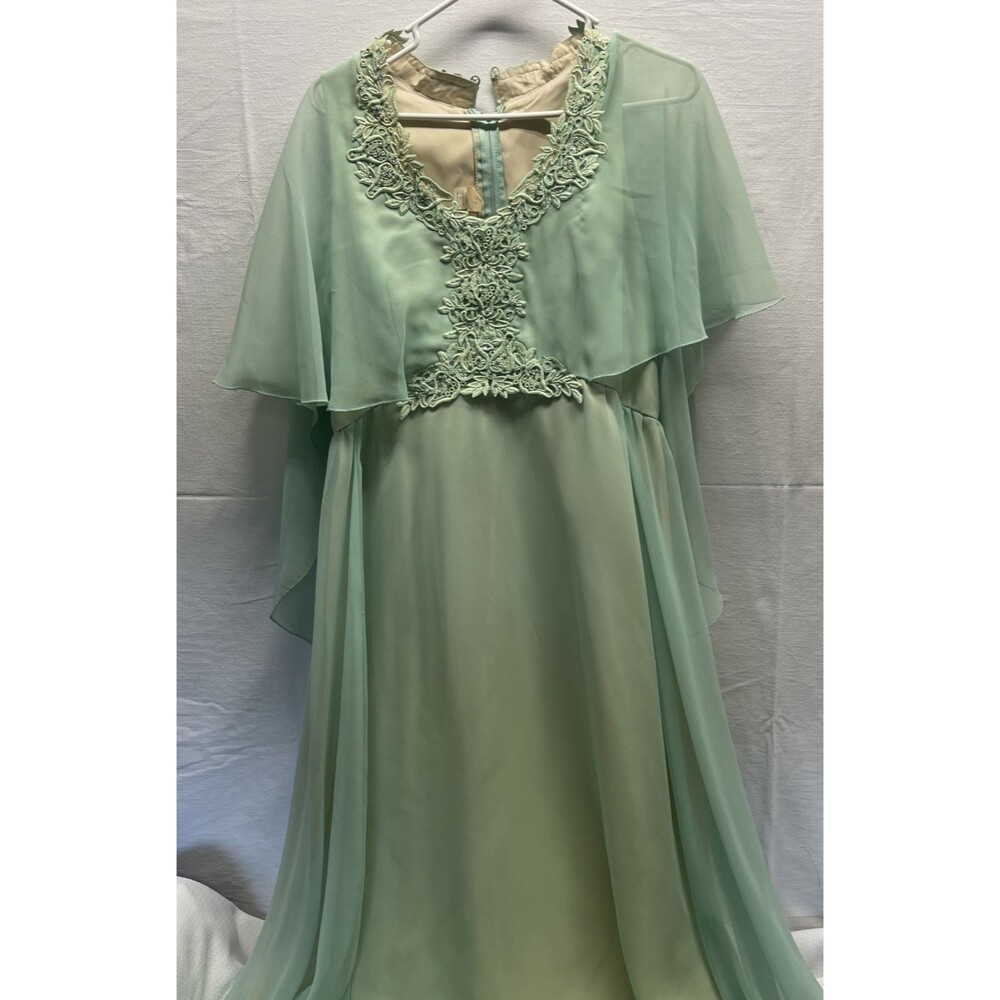 VTG 60s Cape Chiffon Overlay Maxi Dress Seafoam Green Halloween Costume Costumes